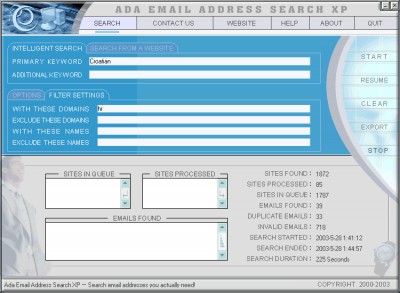 Ada Email Address Search XP 5.1 screenshot Ada Email Address Search XP 5.1 screenshot