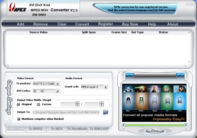 Apex AVI MPEG M0V RM WMV Converter 2.61.02 screenshot