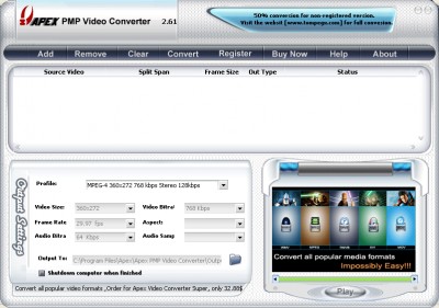 Apex PMP Video Converter 7.27 screenshot Apex PMP Video Converter 7.27 screenshot