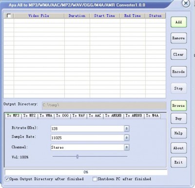 Aya All to MP3/WMA/AAC/OGG/M4A/AMR Converter 1.1.0 screenshot Aya All to MP3/WMA/AAC/OGG/M4A/AMR Converter 1.1.0 screenshot