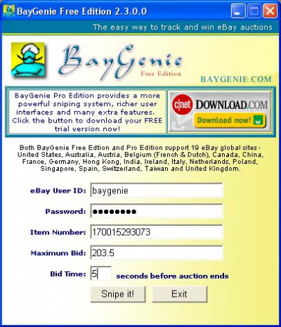 BayGenie eBay Auction Sniper Free 3.1.3.0 screenshot BayGenie eBay Auction Sniper Free 3.1.3.0 screenshot