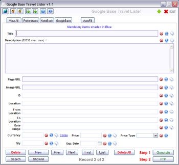 Google Base Travel Lister 1.1 screenshot Google Base Travel Lister 1.1 screenshot