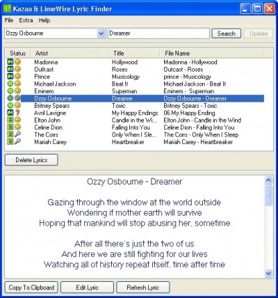 Kazaa & LimeWire Lyric Finder 1.2.5 screenshot