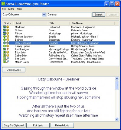 Kazaa & LimeWire Lyric Finder 1.2.5 screenshot Kazaa & LimeWire Lyric Finder 1.2.5 screenshot