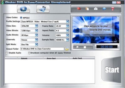 Okoker DVD to Zune Converter 4.9 screenshot