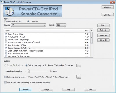Power CD+G to iPod Karaoke Converter 1.0.14 screenshot Power CD+G to iPod Karaoke Converter 1.0.14 screenshot