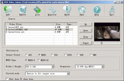 RER AVI/MPEG/DVD/WMV Video Joiner 3.0.3 screenshot RER AVI/MPEG/DVD/WMV Video Joiner 3.0.3 screenshot
