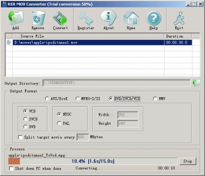 RER MOV to AVI/MPEG/DVD/WMV Converter 3.0.5 screenshot RER MOV to AVI/MPEG/DVD/WMV Converter 3.0.5 screenshot