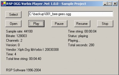 RSP OGG Vorbis Player .Net 1.0.0 screenshot RSP OGG Vorbis Player .Net 1.0.0 screenshot