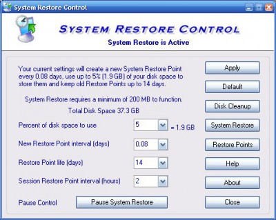 System Restore Control 2.0 screenshot System Restore Control 2.0 screenshot