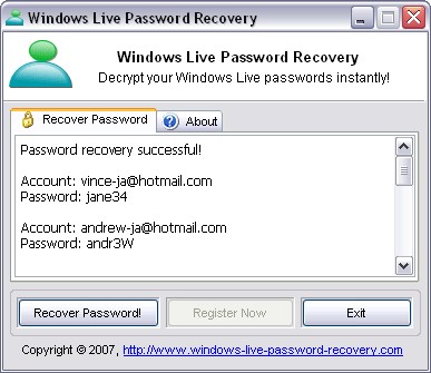 Windows Live Password Recovery 1.01.05.08 screenshot