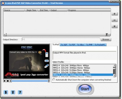 A-one  Video to iPod PSP 3GP Converter 4.61 screenshot