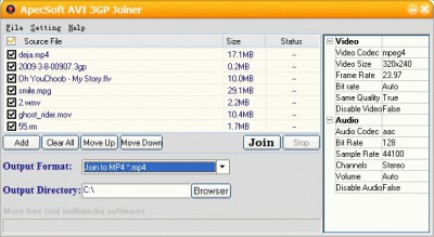 ApecSoft AVI 3GP Joiner 2.20 screenshot