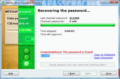 Atomic Excel Password Recovery 1.60 screenshot
