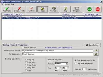 Auto Files Backup green software 2005.05 screenshot
