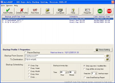 AutoBAUP - Auto File Backup software 2005.11 screenshot