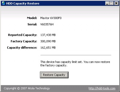 HDD Capacity Restore 1.1 screenshot