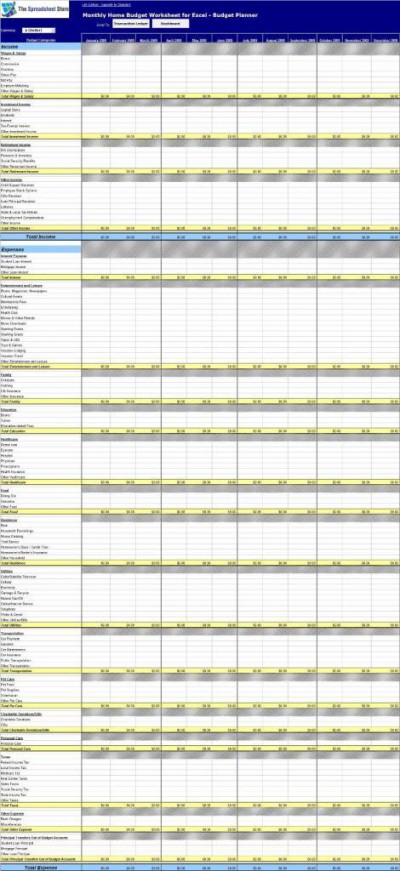 Monthly Home Budget Worksheet for Excel 2.0 screenshot