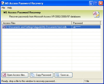 MS Access Password Recovery 2.1 screenshot