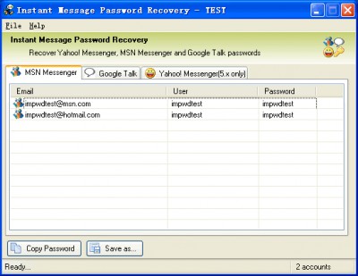 MSN and Google Talk Password Recovery 2.5 screenshot