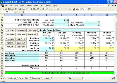 Shift Scheduler Continuous Excel 12 screenshot