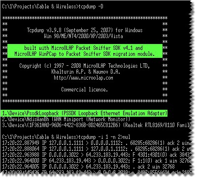 tcpdump for Windows 3.9.8 buil screenshot